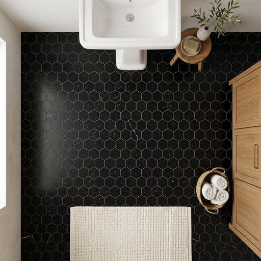 Nero Marquina (Black) Marble 3x3 Honed Hexagon Mosaic — Bathroom floor