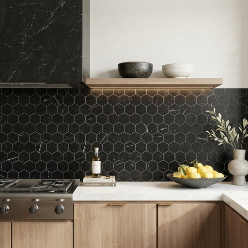 Nero Marquina (Black) Marble 3x3 Honed Hexagon Mosaic — Kitchen backsplash