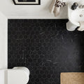 Nero Marquina (Black) Marble 3x3 Honed Hexagon Mosaic — Powder Room floor