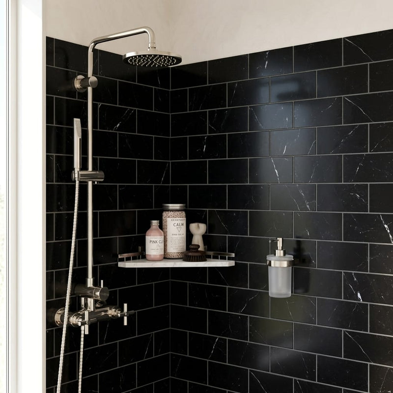 Nero Marquina (Black) Marble 3x6 Honed Tile — Bathroom shower wall