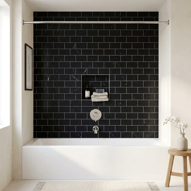 Nero Marquina (Black) Marble 3x6 Honed Tile — Bathroom tub surround
