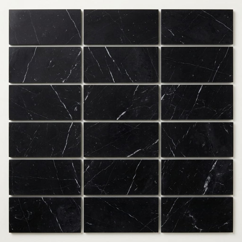 Nero Marquina (Black) Marble 3x6 Honed Tile close-up