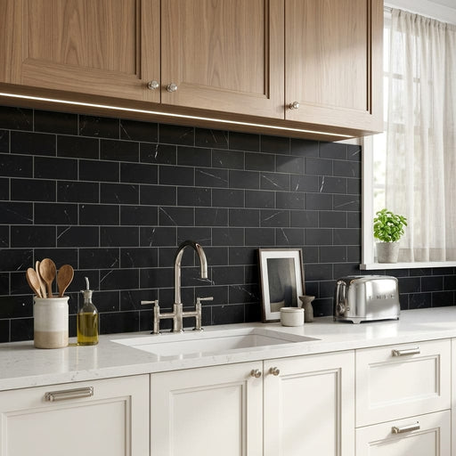 Nero Marquina (Black) Marble 3x6 Honed Tile — Kitchen backsplash