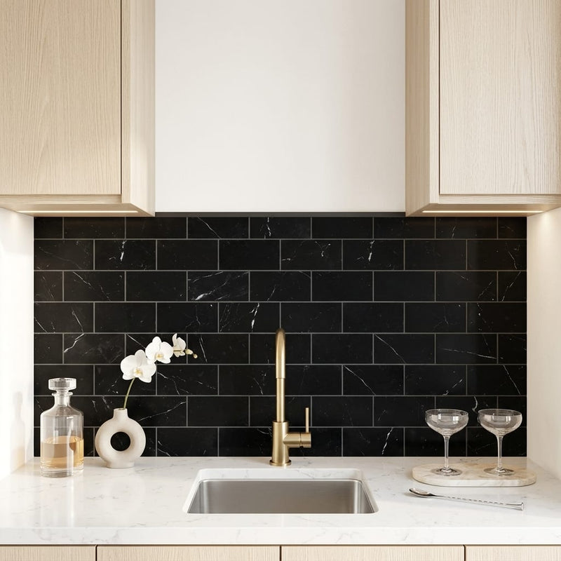 Nero Marquina (Black) Marble 3x6 Honed Tile — Wet Bar backsplash