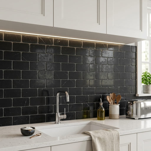 Nero Marquina (Black) Marble 3x6 Tumbled Tile — Kitchen backsplash