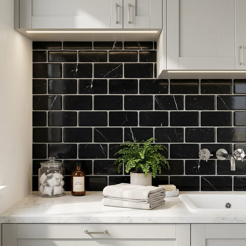 Nero Marquina (Black) Marble 3x6 Tumbled Tile — Laundry Room backsplash