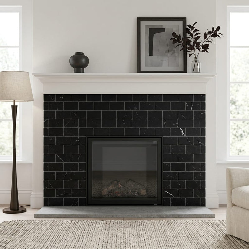 Nero Marquina (Black) Marble 3x6 Tumbled Tile — Living Room fireplace surround