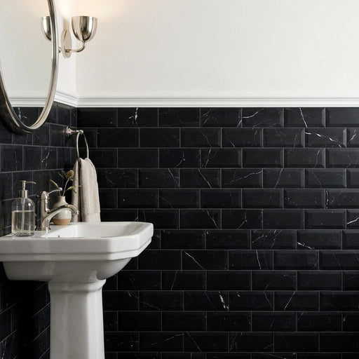 Nero Marquina (Black) Marble 3x6 Tumbled Tile — Powder Room wainscot