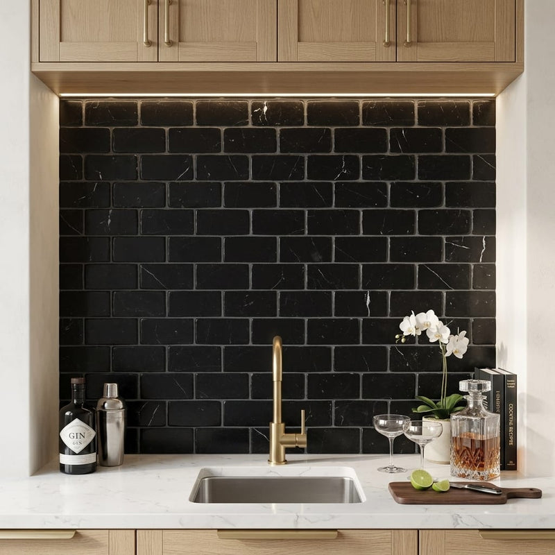 Nero Marquina (Black) Marble 3x6 Tumbled Tile — Wet Bar backsplash