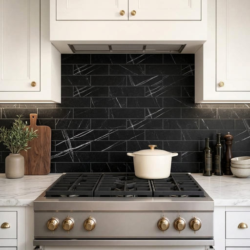 Nero Marquina (Black) Marble 4x12 Honed Tile — Kitchen backsplash