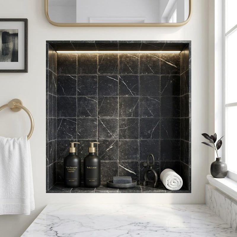 Nero Marquina (Black) Marble 4x4 Tumbled Tile — Bathroom niche