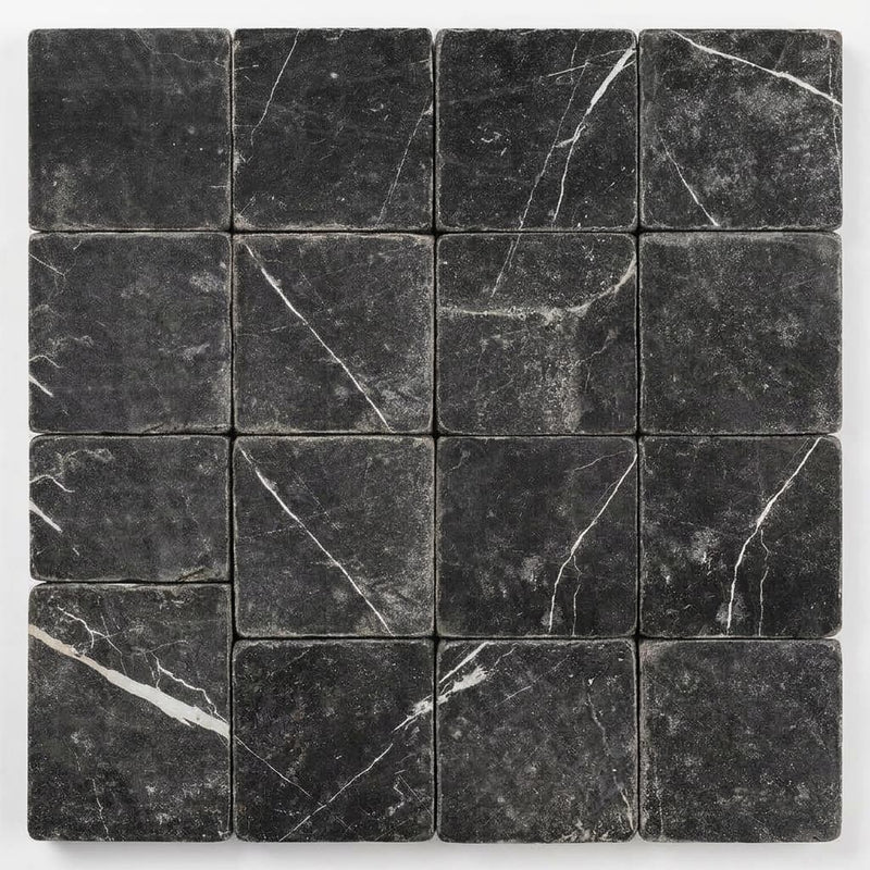Nero Marquina (Black) Marble 4x4 Tumbled Tile close-up