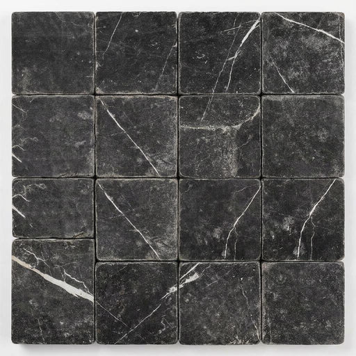 Nero Marquina (Black) Marble 4x4 Tumbled Tile close-up