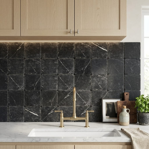 Nero Marquina (Black) Marble 4x4 Tumbled Tile — Kitchen backsplash