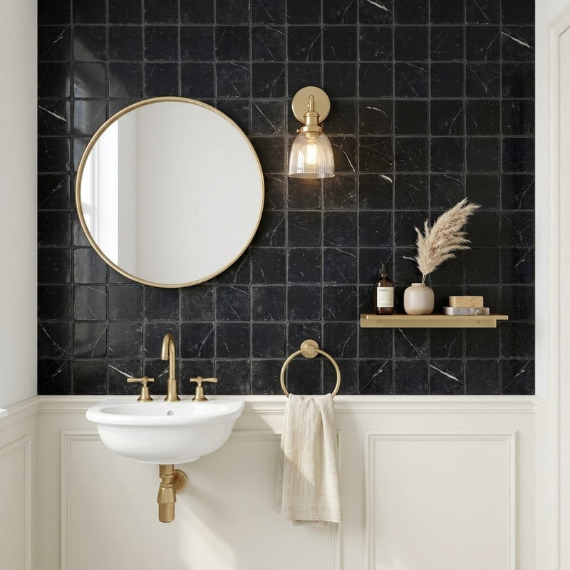 Nero Marquina (Black) Marble 4x4 Tumbled Tile — Powder Room wall