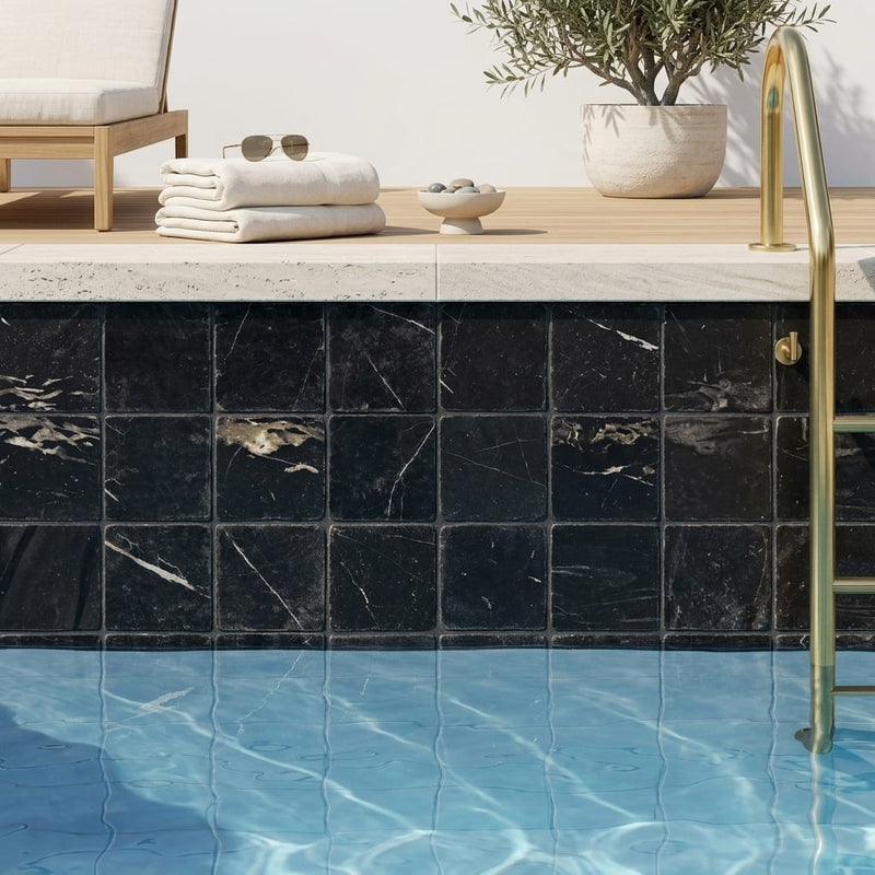 Nero Marquina (Black) Marble 4x4 Tumbled Tile — Swimming Pool waterline