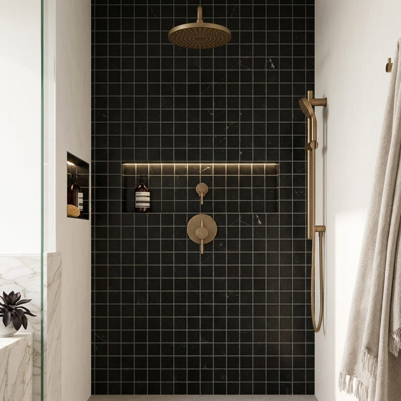 Nero Marquina (Black) Marble 5/8x5/8 Honed Mosaic — Bathroom shower wall