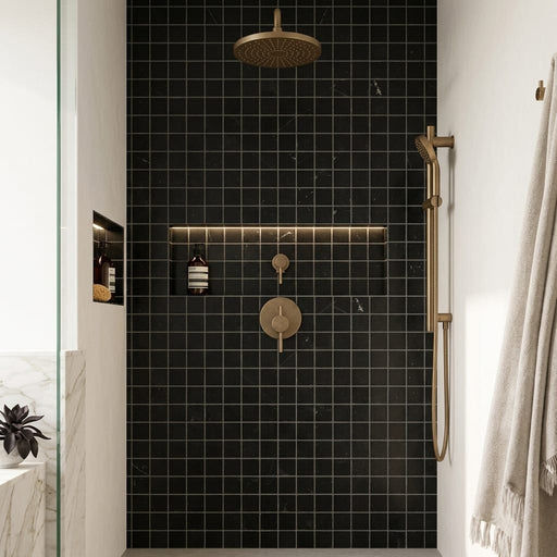 Nero Marquina (Black) Marble 5/8x5/8 Honed Mosaic — Bathroom shower wall