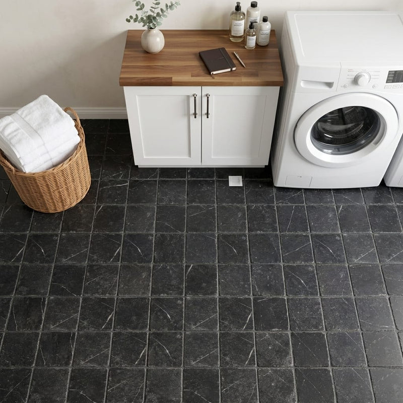 Nero Marquina (Black) Marble 6x6 Tumbled Tile — Laundry Room floor