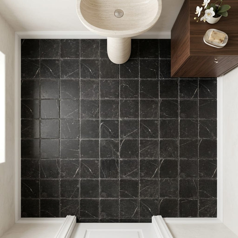 Nero Marquina (Black) Marble 6x6 Tumbled Tile — Powder Room floor