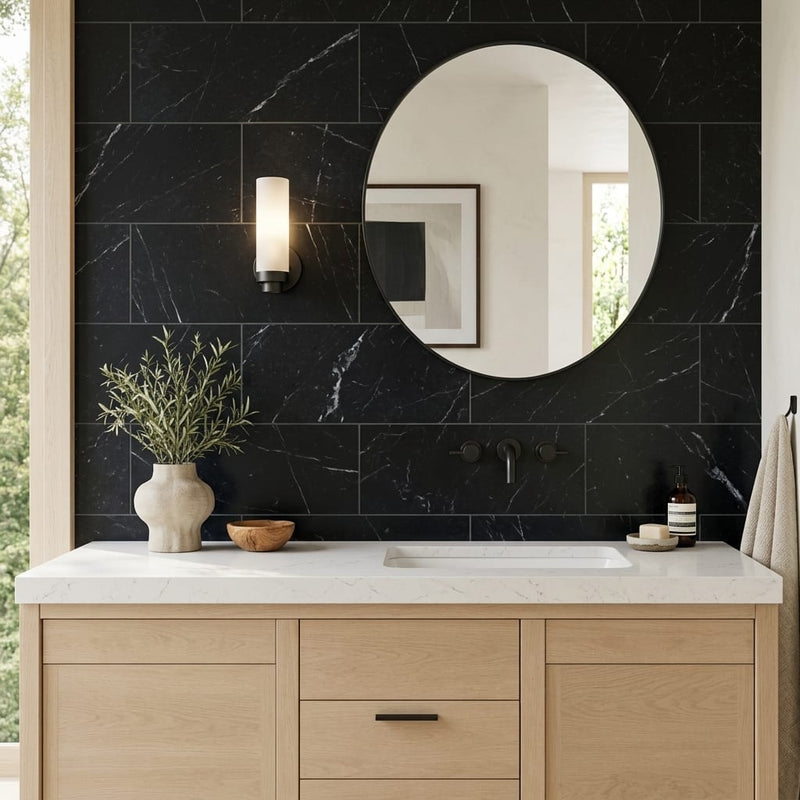 Nero Marquina Marble Tile 12x24 Honed — Bathroom vanity wall