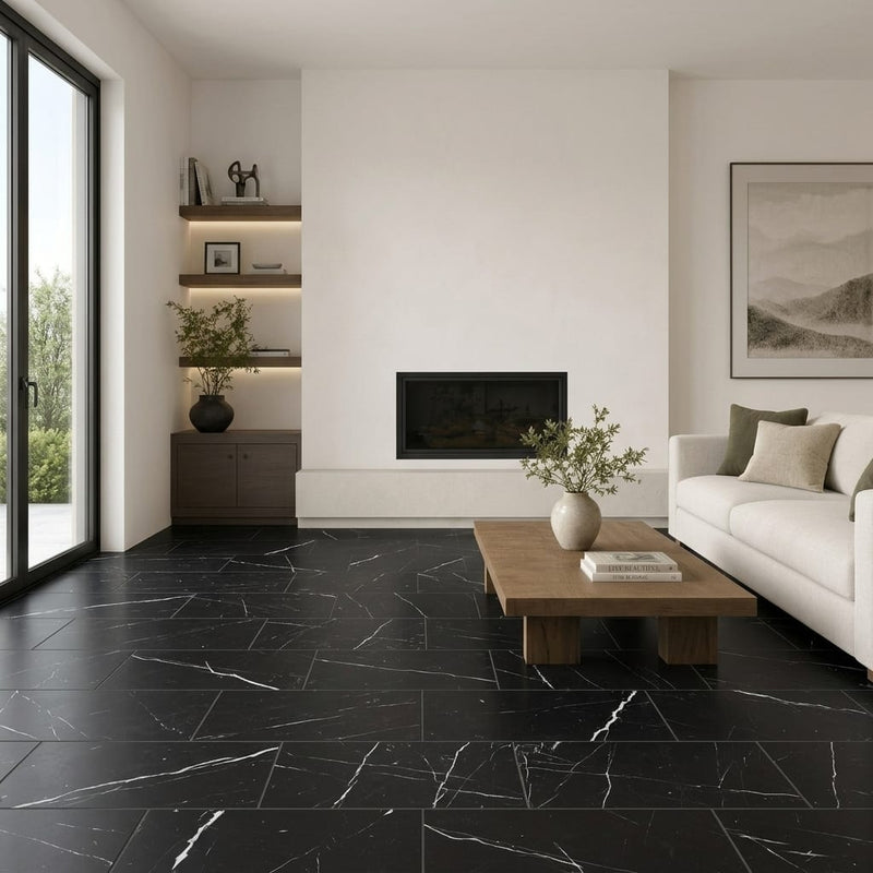 Nero Marquina Marble Tile 12x24 Honed — Living Room floor