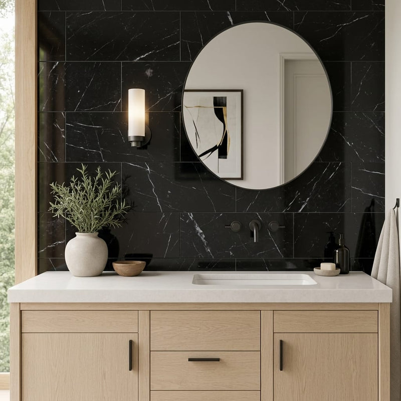 Nero Marquina Marble Tile 12x24 Polished — Bathroom vanity wall
