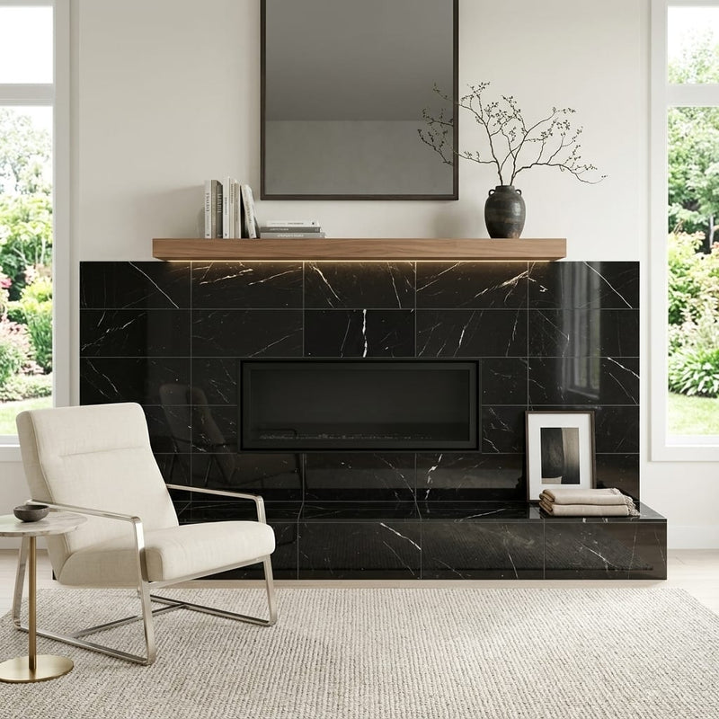 Nero Marquina Marble Tile 12x24 Polished — Living Room fireplace surround