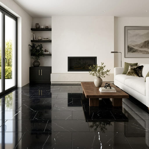Nero Marquina Marble Tile 12x24 Polished — Living Room floor