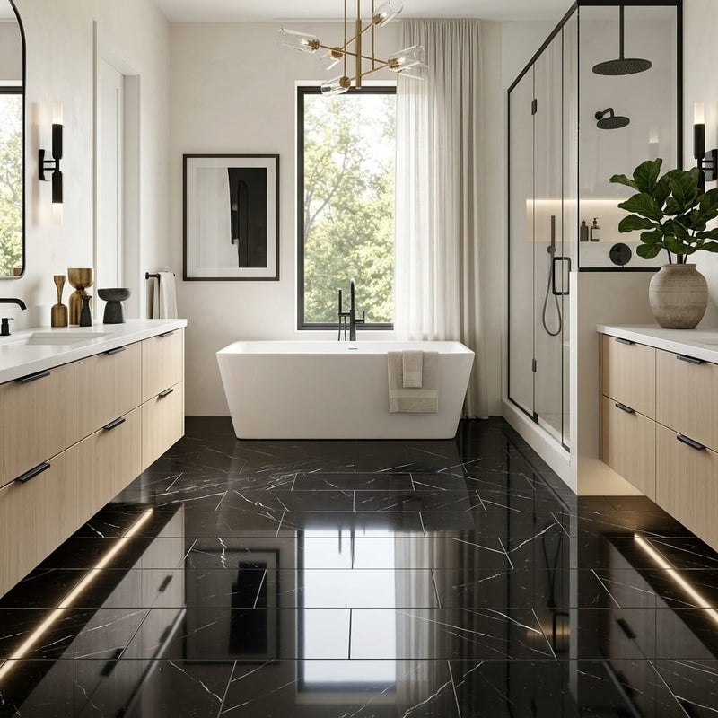 Nero Marquina Marble Tile 12x24 Polished — Primary Bath floor