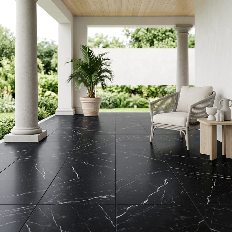 Nero Marquina Marble Tile 18x18 Honed — Covered Patio floor