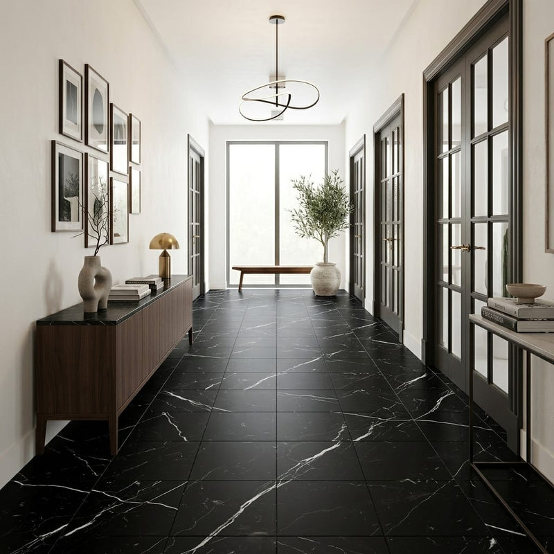 Nero Marquina Marble Tile 18x18 Honed — Hallway floor