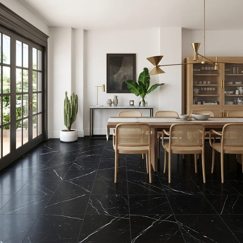 Nero Marquina Marble Tile 18x18 Honed — Living Room floor