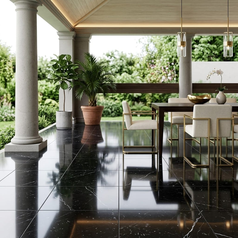 Nero Marquina Marble Tile 18x18 Polished — Covered Patio floor