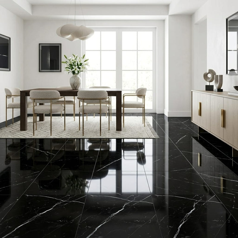 Nero Marquina Marble Tile 18x18 Polished — Dining Room floor