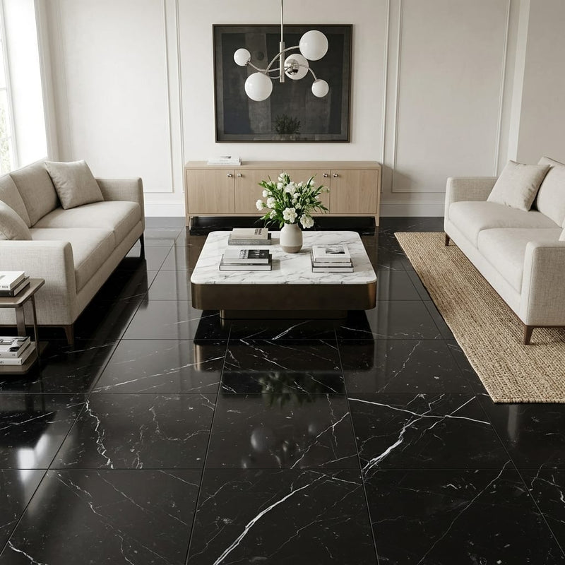 Nero Marquina Marble Tile 18x18 Polished — Family Room floor