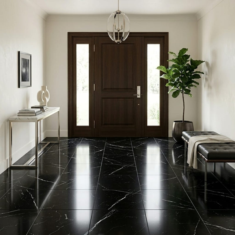 Nero Marquina Marble Tile 18x18 Polished — Foyer floor