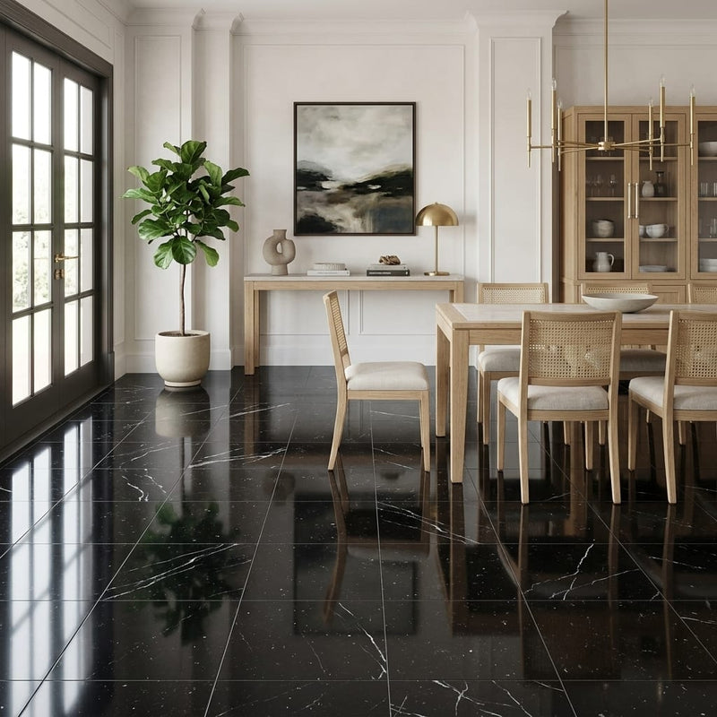 Nero Marquina Marble Tile 18x18 Polished — Living Room floor