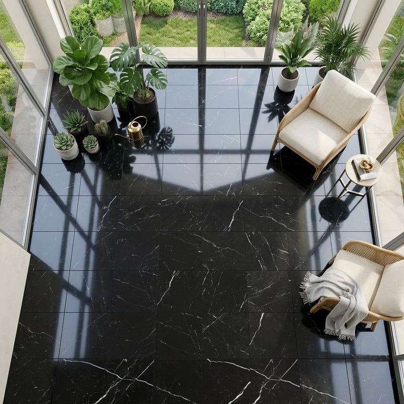 Nero Marquina Marble Tile 18x18 Polished — Sunroom floor