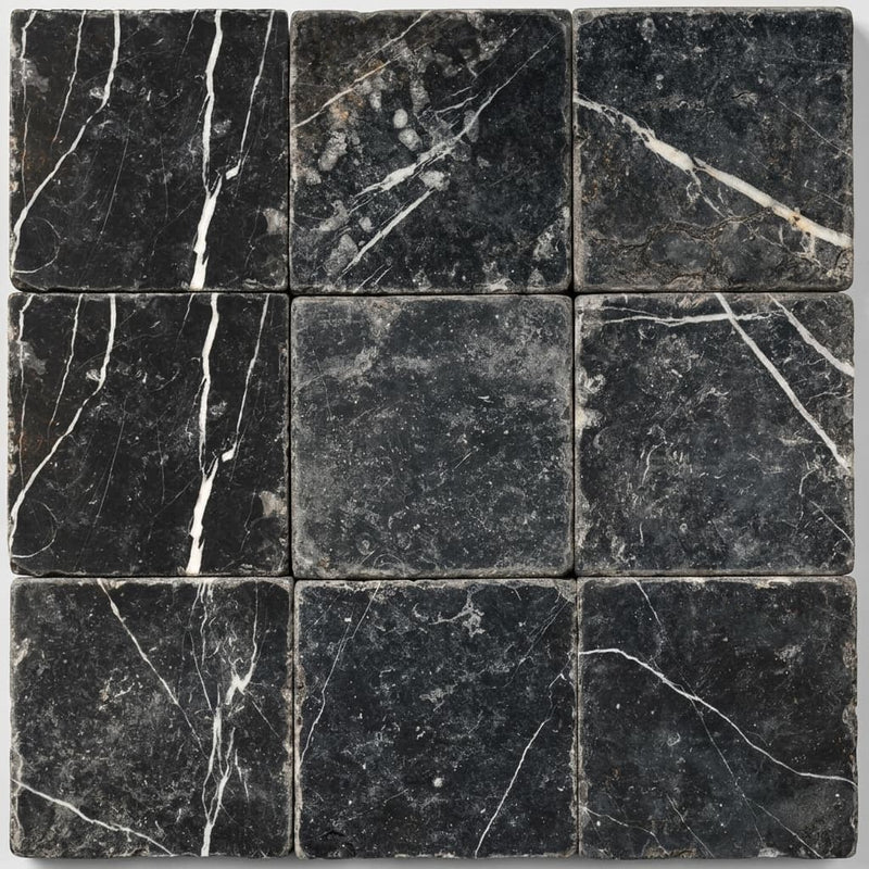 Nero Marquina Marble Tile 4x4 Tumbled close-up
