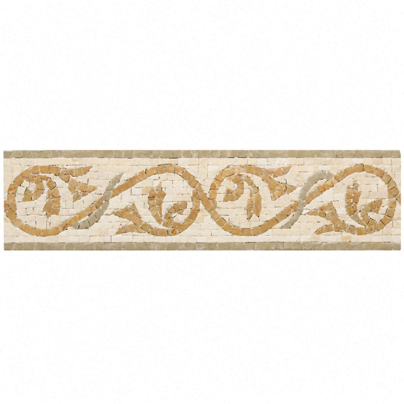 Nico Mozaics Athena Veined Beige 16x4 marble border trim with a beige vine scroll mosaic on an ivory background.