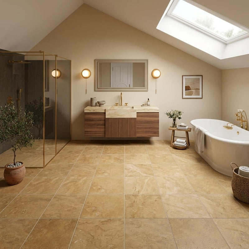 Noce 12x12 Filled Honed Travertine Tile — Bathroom floor