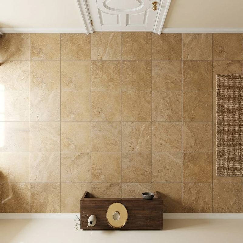 Noce 12x12 Filled Honed Travertine Tile — Hallway floor