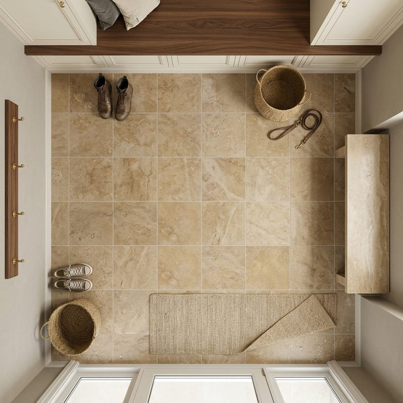 Noce 12x12 Filled Honed Travertine Tile — Mudroom floor
