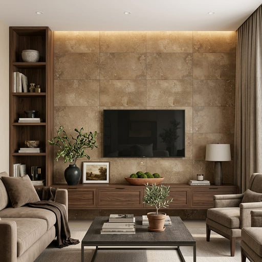 Noce 18x36 Filled Honed Travertine Tile — Living Room feature wall