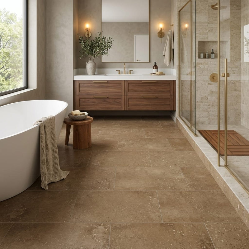 Noce 18x36 Filled Honed Travertine Tile — Primary Bath floor