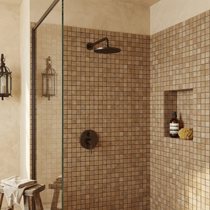 Noce 1x1 Square Tumbled Travertine Mosaic — Bathroom shower wall
