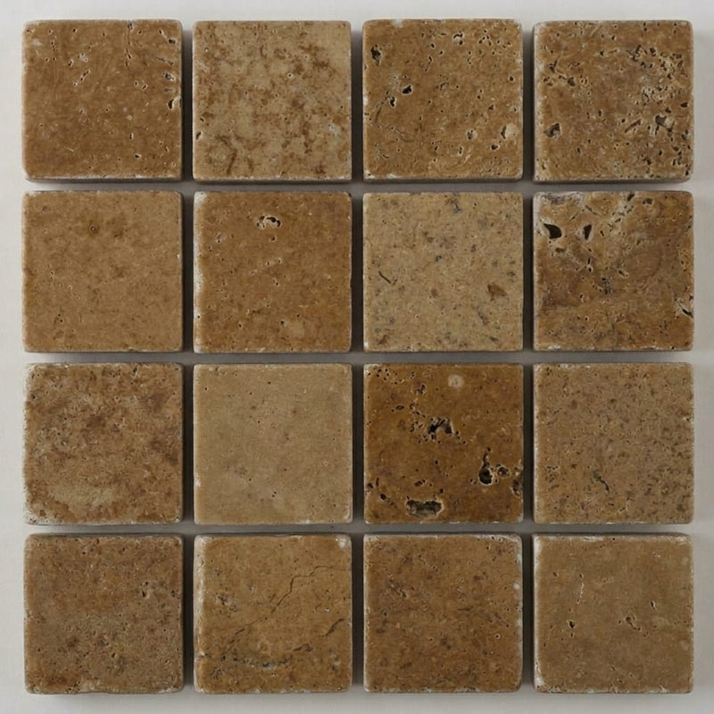 Noce 1x1 Square Tumbled Travertine Mosaic close-up