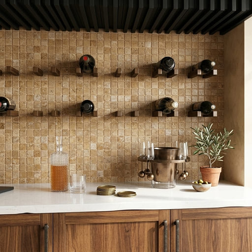 Noce 1x1 Square Tumbled Travertine Mosaic — Kitchen backsplash