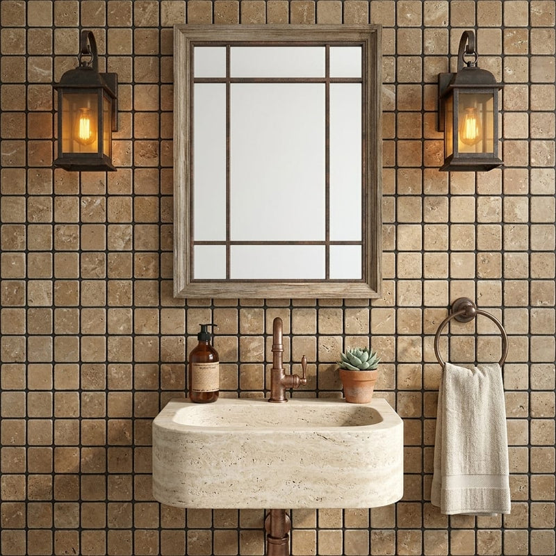 Noce 1x1 Square Tumbled Travertine Mosaic — Powder Room wall